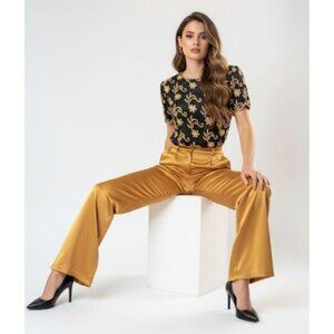 Stenay Small Black Gold All Silk Beaded Sequin Floral Blouse Vintage Evening Top